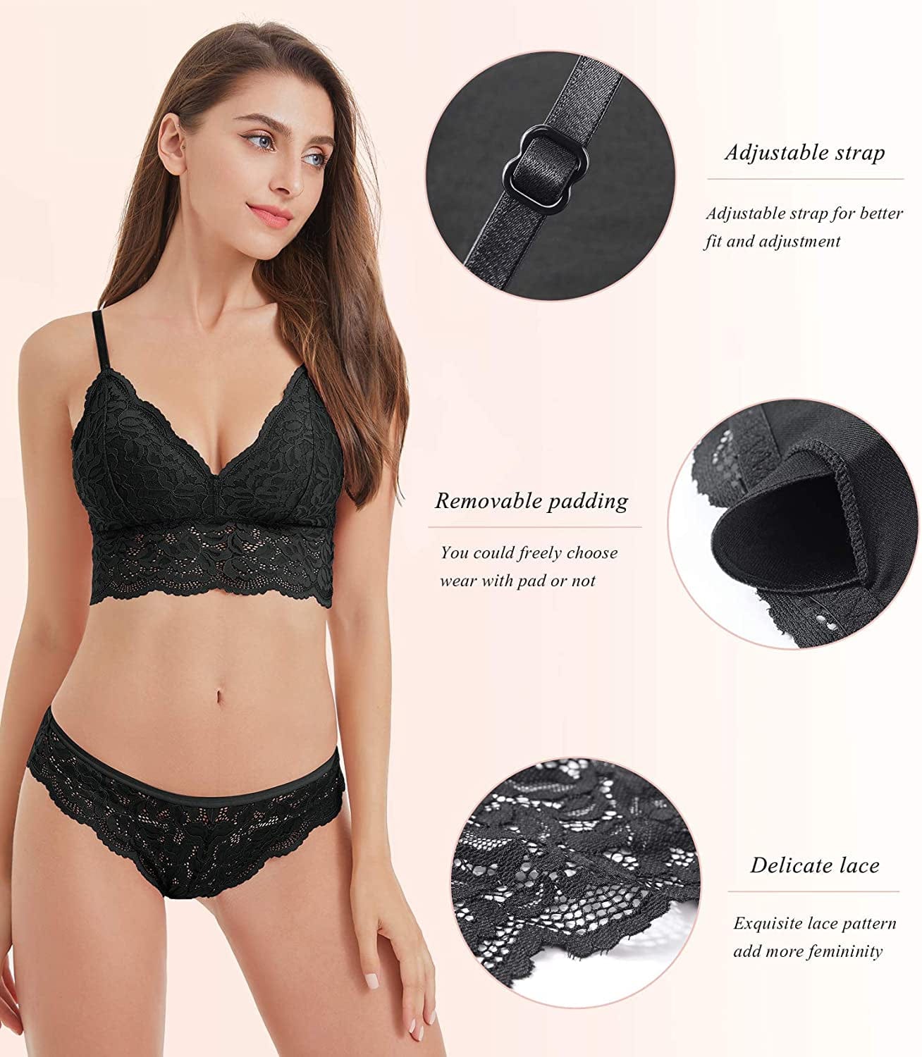 Dotvol Women'S Floral Lace Bralette Removable Padded Standard Plunge Wirefree Bra and Panty Set