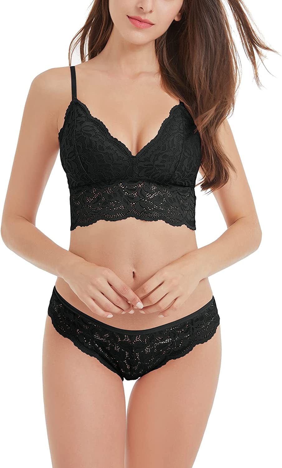 Dotvol Women'S Floral Lace Bralette Removable Padded Standard Plunge Wirefree Bra and Panty Set Black / Medium