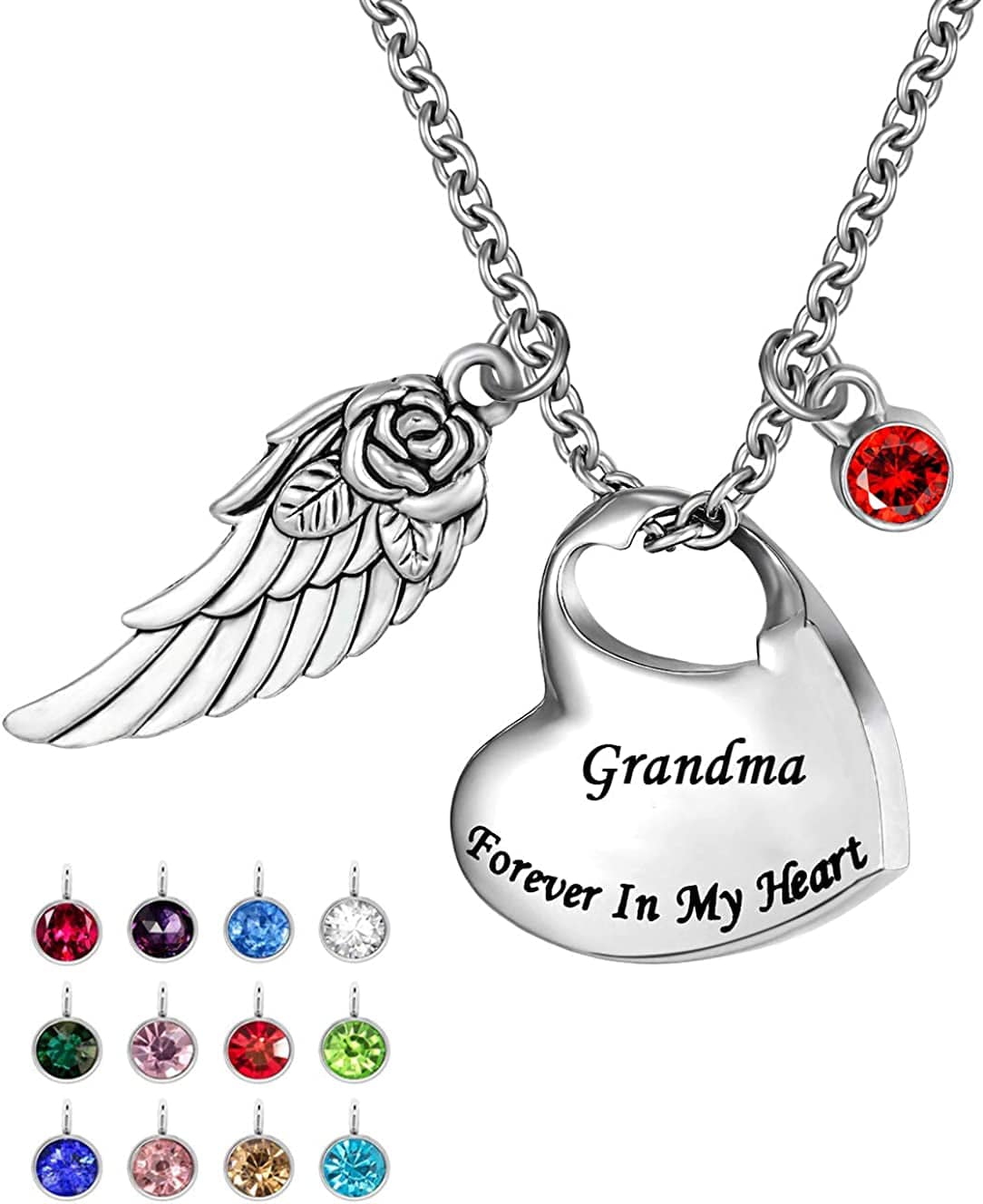 Double Heart Cremation Urn Necklace Comes with Angel Wing and 12 Birthstones Ashes Jewelry Memorial Pendant- Forever in My Heart Grandma