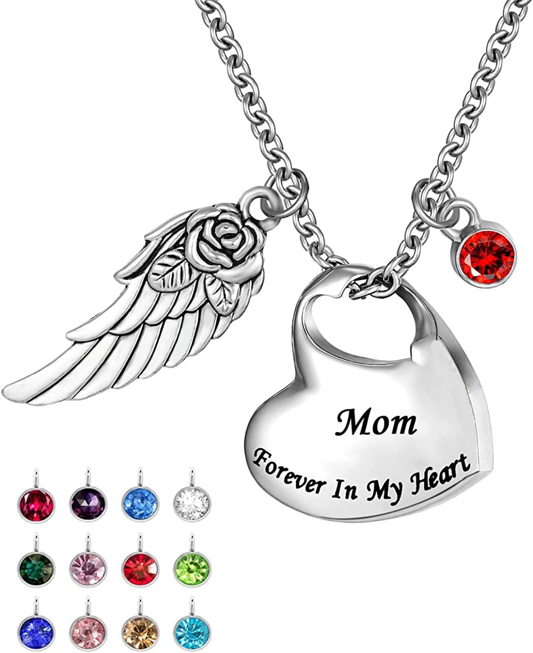 Double Heart Cremation Urn Necklace Comes with Angel Wing and 12 Birthstones Ashes Jewelry Memorial Pendant- Forever in My Heart Mom