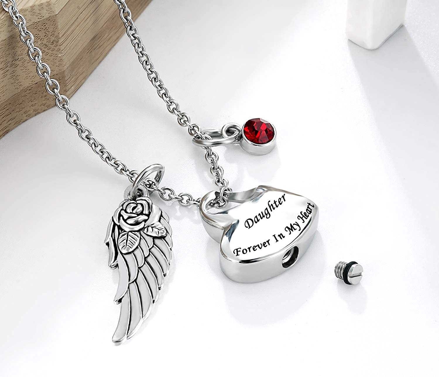 Double Heart Cremation Urn Necklace Comes with Angel Wing and 12 Birthstones Ashes Jewelry Memorial Pendant- Forever in My Heart