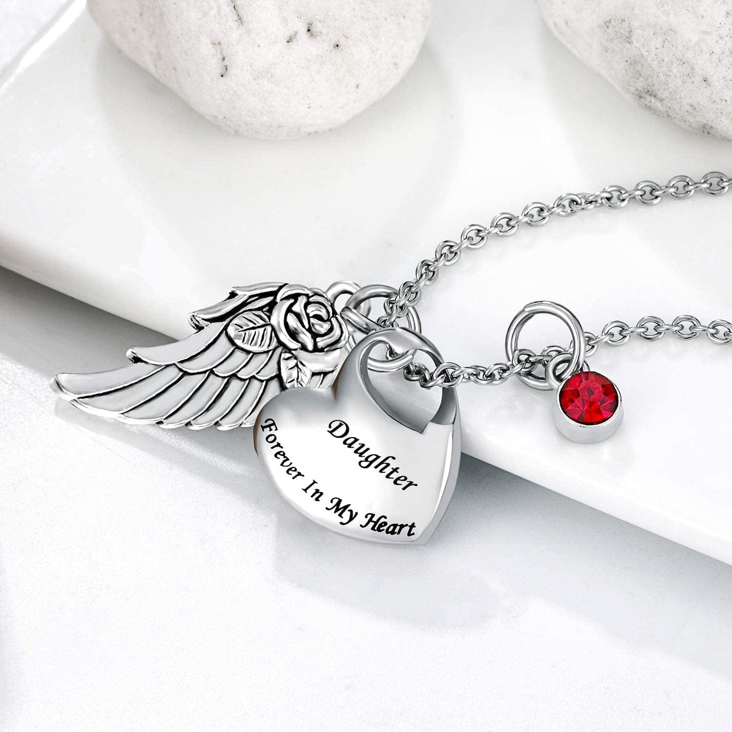 Double Heart Cremation Urn Necklace Comes with Angel Wing and 12 Birthstones Ashes Jewelry Memorial Pendant- Forever in My Heart
