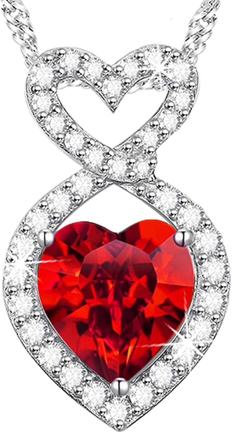 Double Hearts Infintiy Necklace for Mom S925 Sterling Silver September Birthstone Blue Sapphire Ruby Peridot Jewelry, Birthday Gifts Jewlery Women B July Birthstone Ruby Necklace