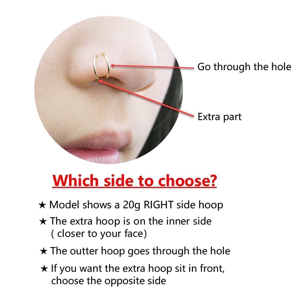 Double Nose Ring Hoop for Single Piercing, 14K Gold Filled or Sterling Silver Spiral Twist Nose Hoop for Women Girls (Silver -20G, Left Side-8Mm)