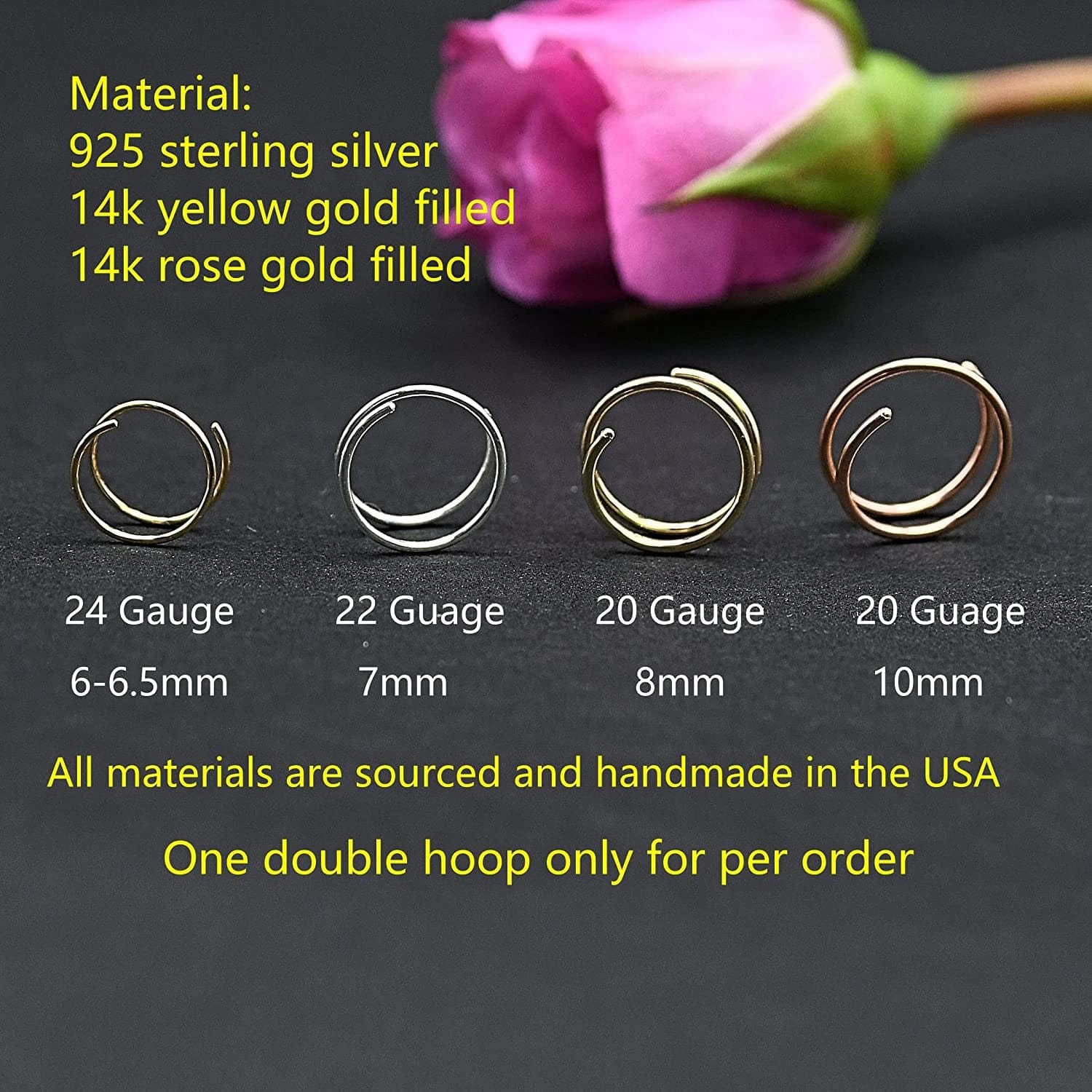 Double Nose Ring Hoop for Single Piercing, 14K Gold Filled or Sterling Silver Spiral Twist Nose Hoop for Women Girls (Silver -20G, Left Side-8Mm)