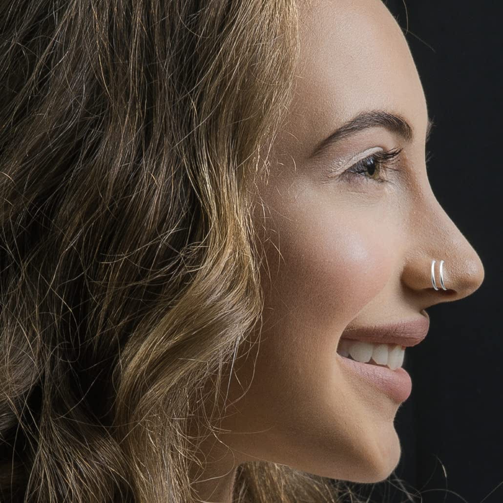 Double Nose Ring Hoop for Single Piercing, 14K Gold Filled or Sterling Silver Spiral Twist Nose Hoop for Women Girls (Silver -20G, Left Side-8Mm)