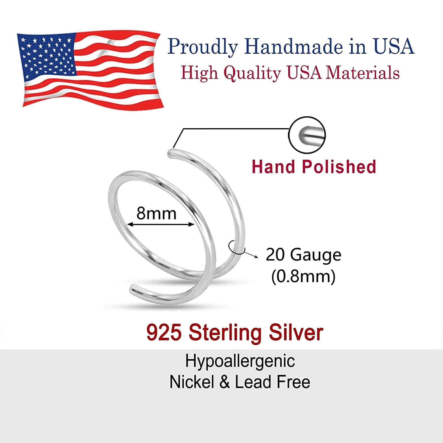 Double Nose Ring Hoop for Single Piercing, 14K Gold Filled or Sterling Silver Spiral Twist Nose Hoop for Women Girls (Silver -20G, Left Side-8Mm)