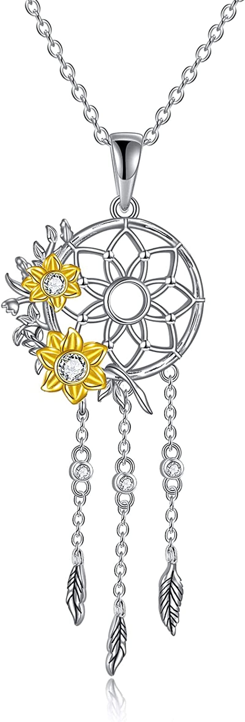 Dream Catcher Synthetic Moonstone/Crystal Pendant Necklace 925 Sterling Silver Rose Flower Evil Eye Dreamcatcher Cremation Jewelry Gifts for Women Wife Mom 03-Dream Catcher Sunflower
