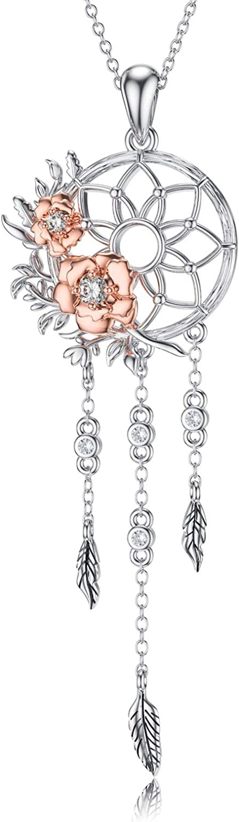 Dream Catcher Synthetic Moonstone/Crystal Pendant Necklace 925 Sterling Silver Rose Flower Evil Eye Dreamcatcher Cremation Jewelry Gifts for Women Wife Mom 02- dreamcatcher rose flower