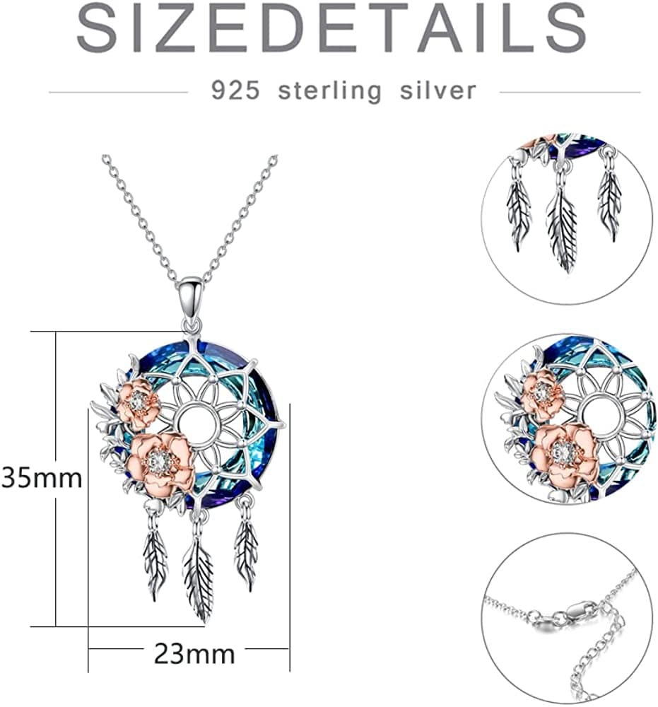 Dream Catcher Synthetic Moonstone/Crystal Pendant Necklace 925 Sterling Silver Rose Flower Evil Eye Dreamcatcher Cremation Jewelry Gifts for Women Wife Mom