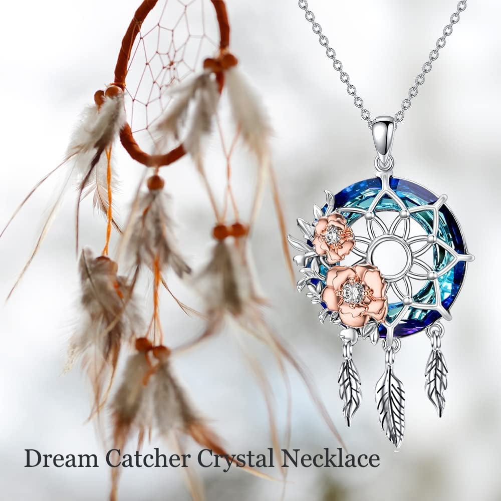 Dream Catcher Synthetic Moonstone/Crystal Pendant Necklace 925 Sterling Silver Rose Flower Evil Eye Dreamcatcher Cremation Jewelry Gifts for Women Wife Mom