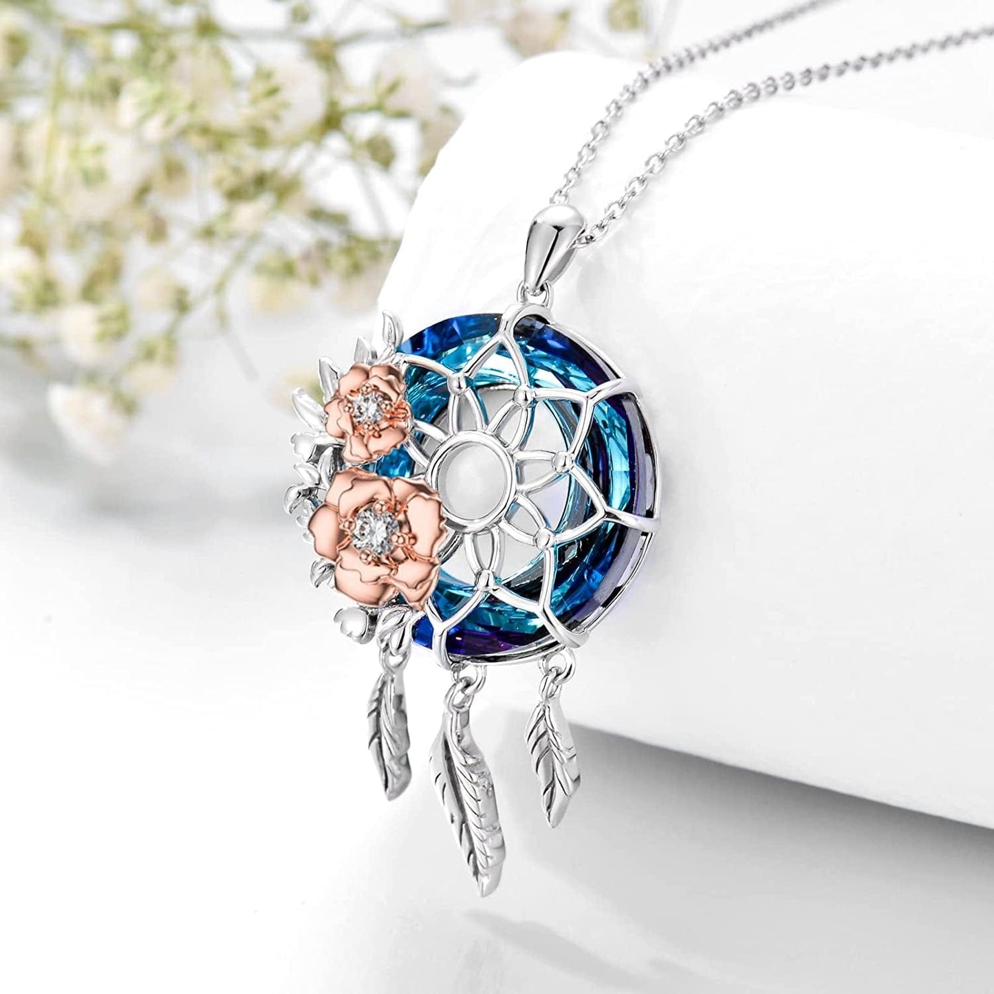 Dream Catcher Synthetic Moonstone/Crystal Pendant Necklace 925 Sterling Silver Rose Flower Evil Eye Dreamcatcher Cremation Jewelry Gifts for Women Wife Mom