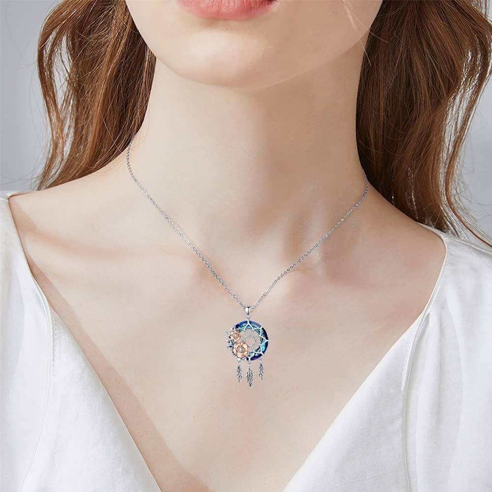 Dream Catcher Synthetic Moonstone/Crystal Pendant Necklace 925 Sterling Silver Rose Flower Evil Eye Dreamcatcher Cremation Jewelry Gifts for Women Wife Mom