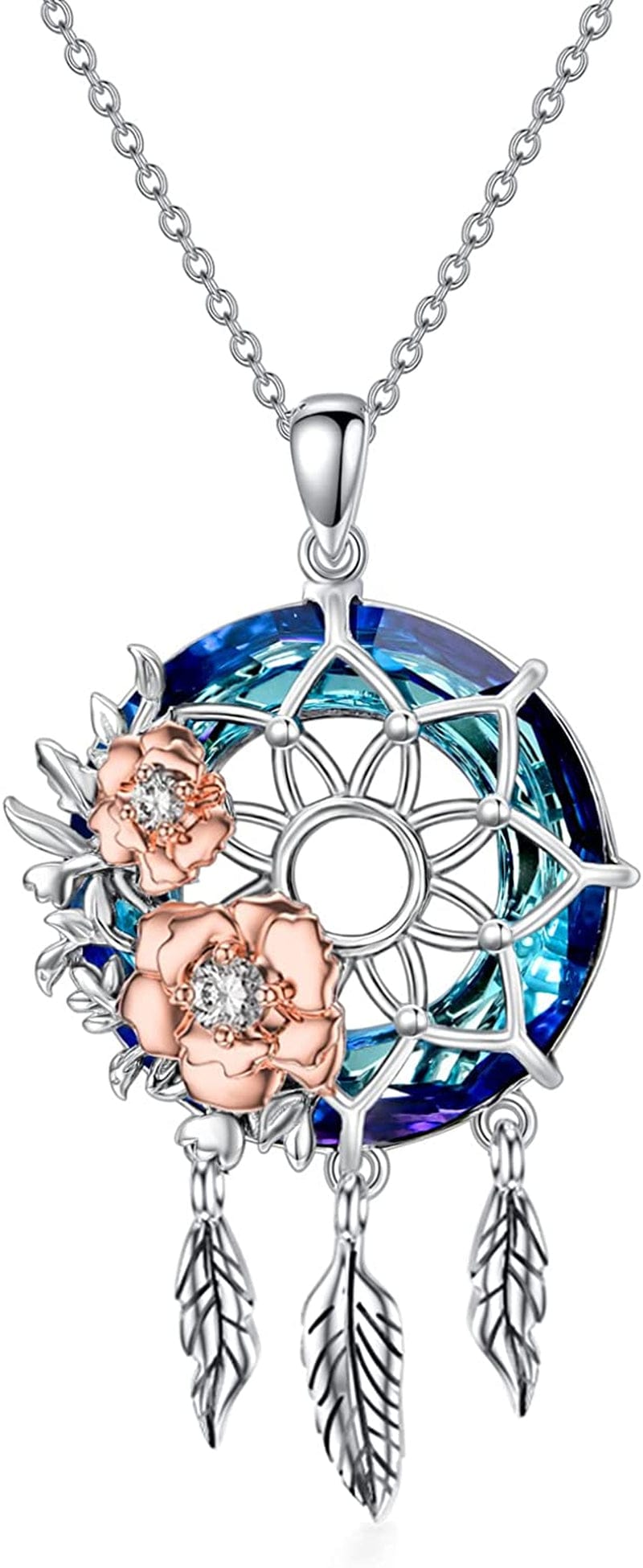 Dream Catcher Synthetic Moonstone/Crystal Pendant Necklace 925 Sterling Silver Rose Flower Evil Eye Dreamcatcher Cremation Jewelry Gifts for Women Wife Mom 05-dream catcher crystal