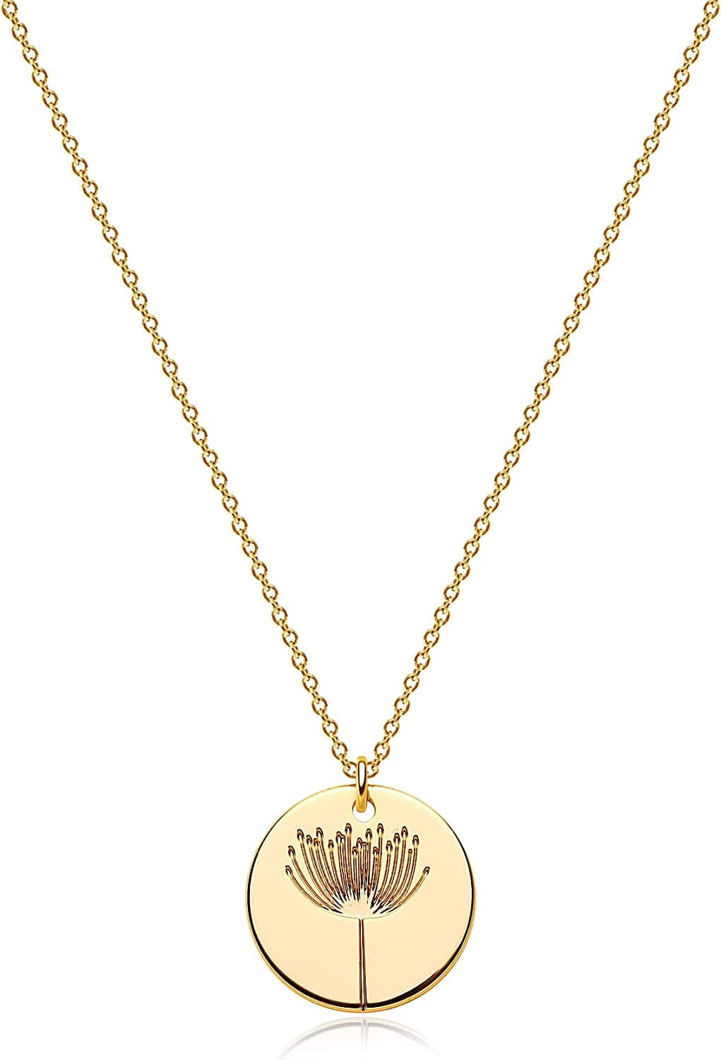 DREMMY STUDIOS Birth Month Flower Pendant Necklace 18K Gold Plated Dainty Simple Month Birth Floral Disc Pendant Engrave Coin Necklace Minimalist Delicate Custom for Mom Daughter Gift for Her Version B / Dandelion