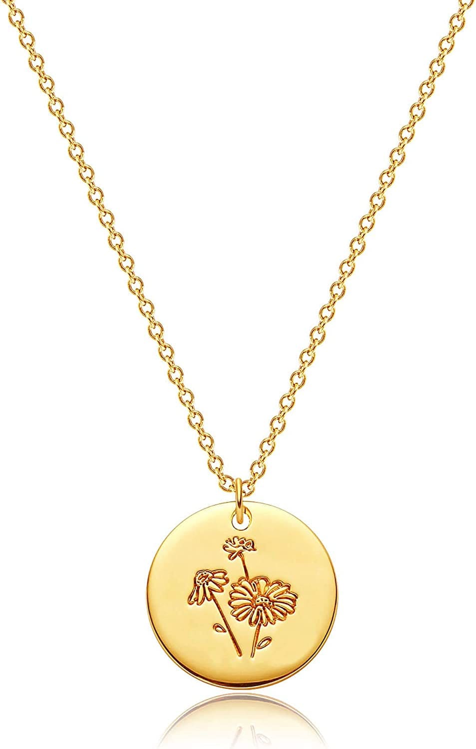 DREMMY STUDIOS Birth Month Flower Pendant Necklace 18K Gold Plated Dainty Simple Month Birth Floral Disc Pendant Engrave Coin Necklace Minimalist Delicate Custom for Mom Daughter Gift for Her Version A / April