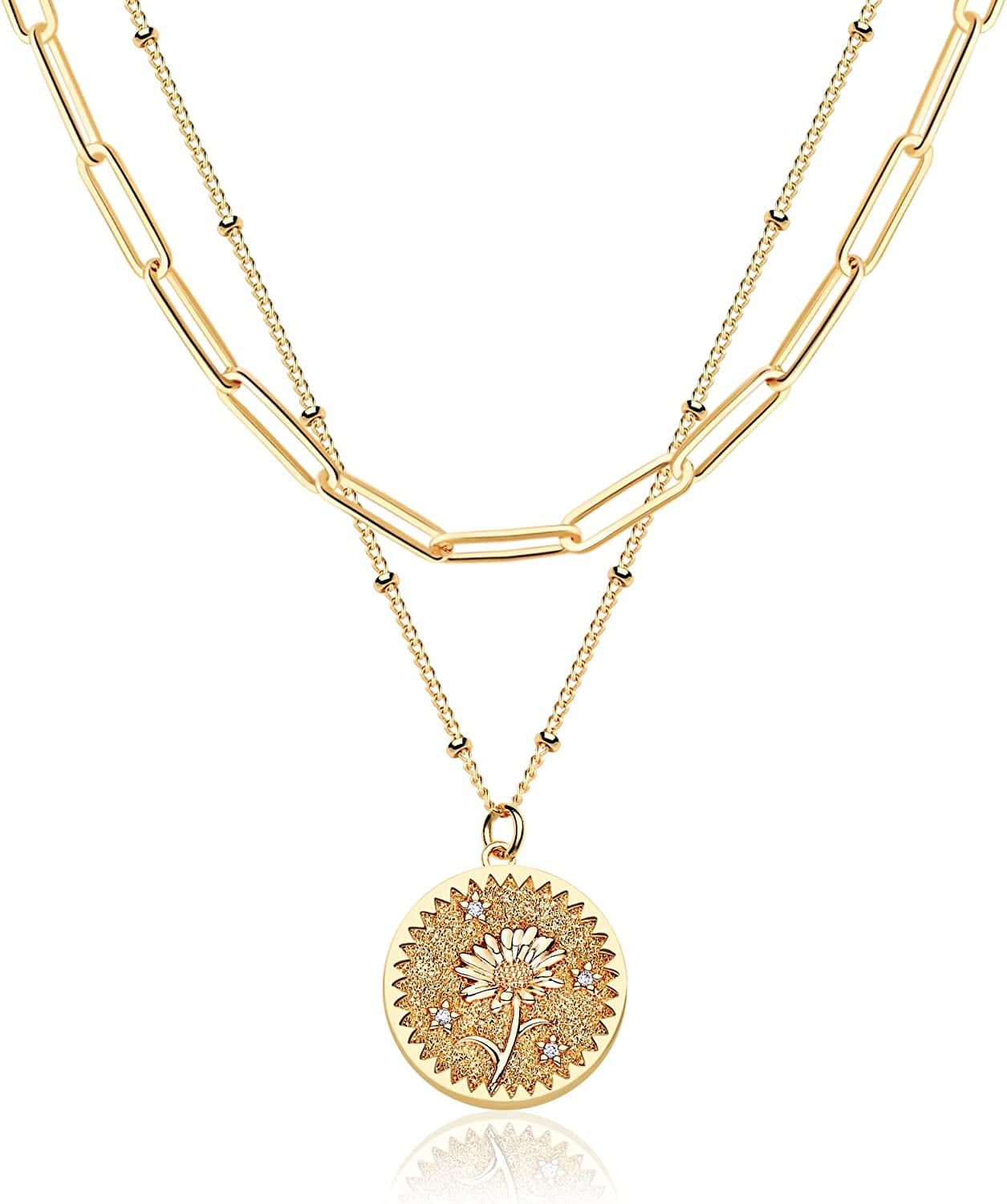 DREMMY STUDIOS Birth Month Flower Pendant Necklace 18K Gold Plated Dainty Simple Month Birth Floral Disc Pendant Engrave Coin Necklace Minimalist Delicate Custom for Mom Daughter Gift for Her Relief / April