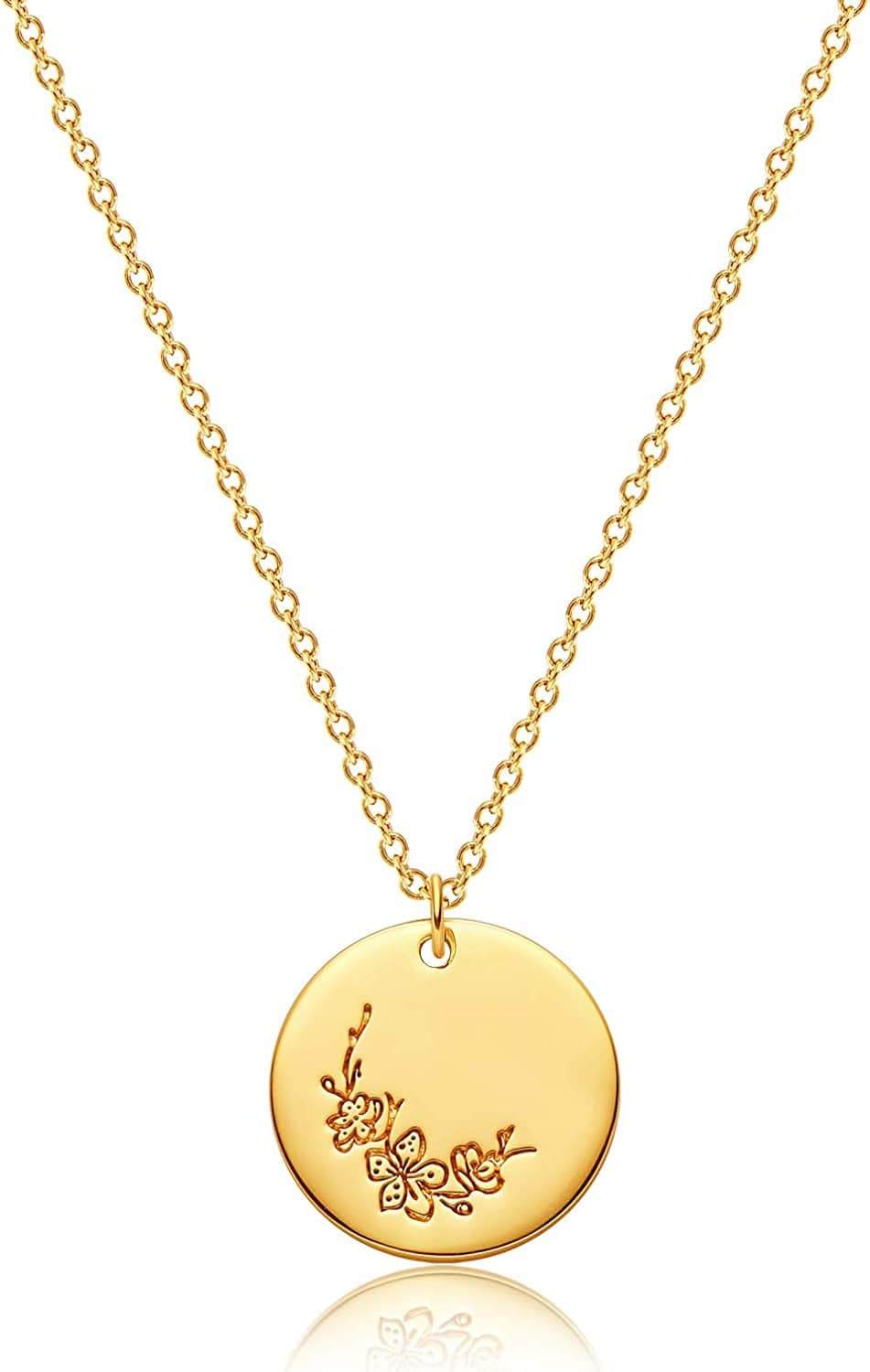 DREMMY STUDIOS Birth Month Flower Pendant Necklace 18K Gold Plated Dainty Simple Month Birth Floral Disc Pendant Engrave Coin Necklace Minimalist Delicate Custom for Mom Daughter Gift for Her Version A / March