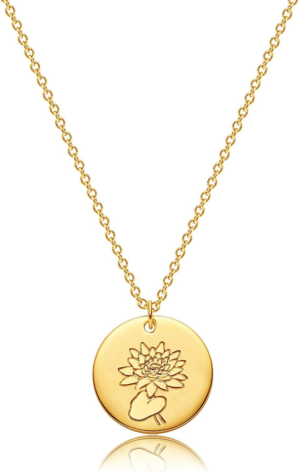 DREMMY STUDIOS Birth Month Flower Pendant Necklace 18K Gold Plated Dainty Simple Month Birth Floral Disc Pendant Engrave Coin Necklace Minimalist Delicate Custom for Mom Daughter Gift for Her Version B / July