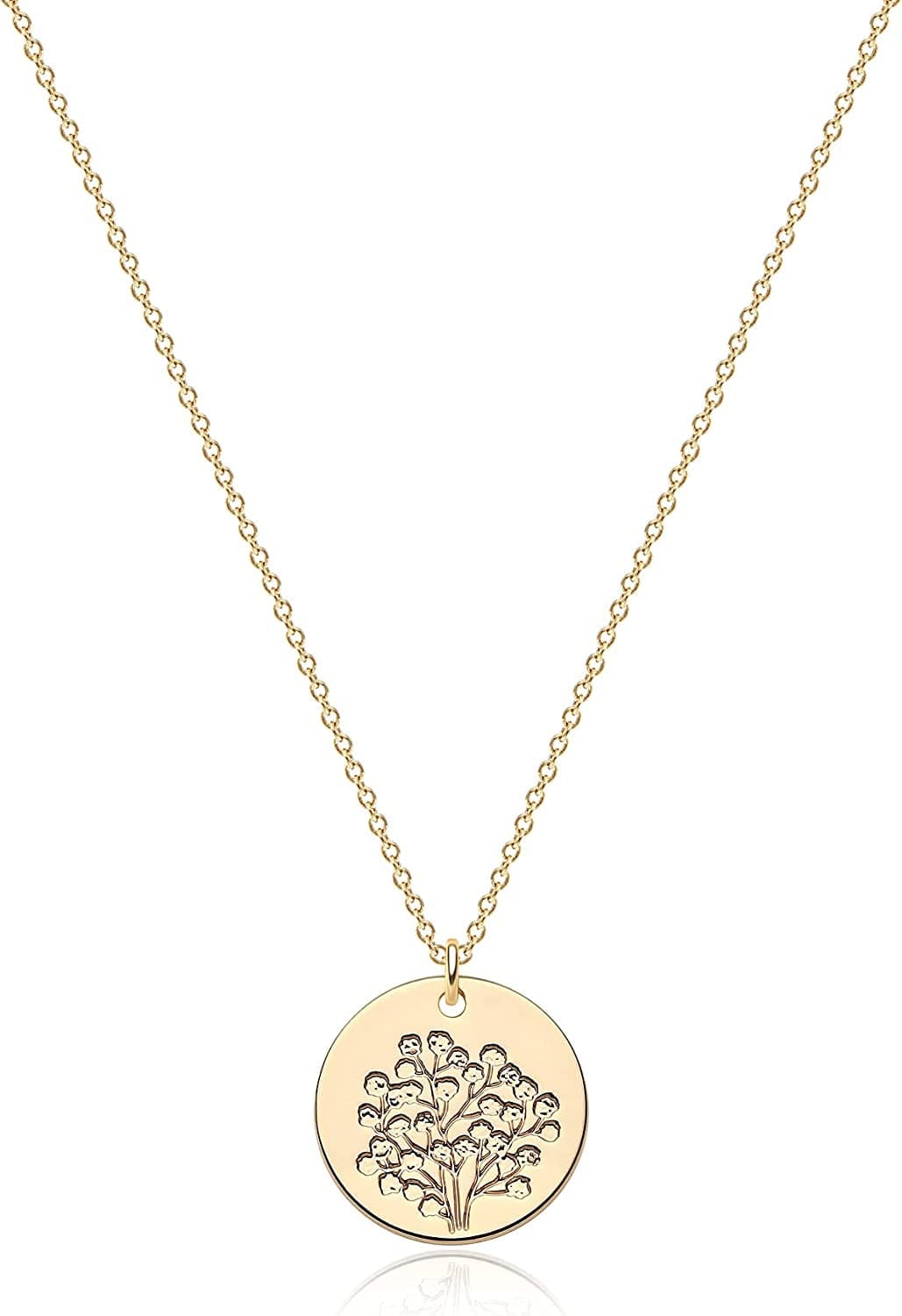 DREMMY STUDIOS Birth Month Flower Pendant Necklace 18K Gold Plated Dainty Simple Month Birth Floral Disc Pendant Engrave Coin Necklace Minimalist Delicate Custom for Mom Daughter Gift for Her Version B / Baby's Breath