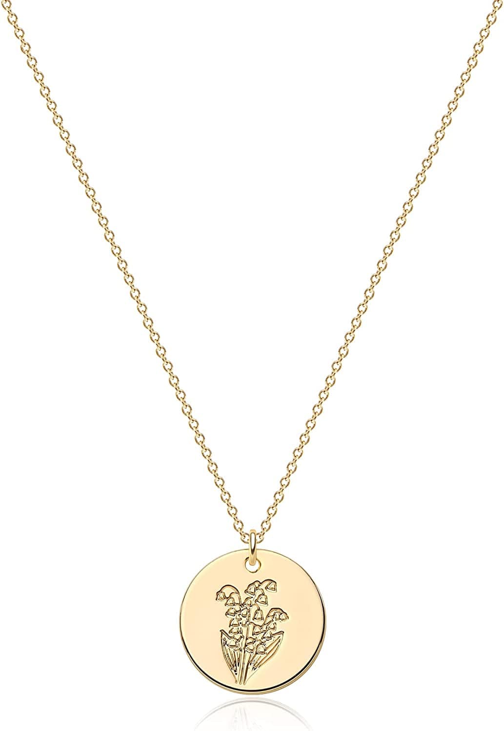 DREMMY STUDIOS Birth Month Flower Pendant Necklace 18K Gold Plated Dainty Simple Month Birth Floral Disc Pendant Engrave Coin Necklace Minimalist Delicate Custom for Mom Daughter Gift for Her Version B / Lily of the Valley