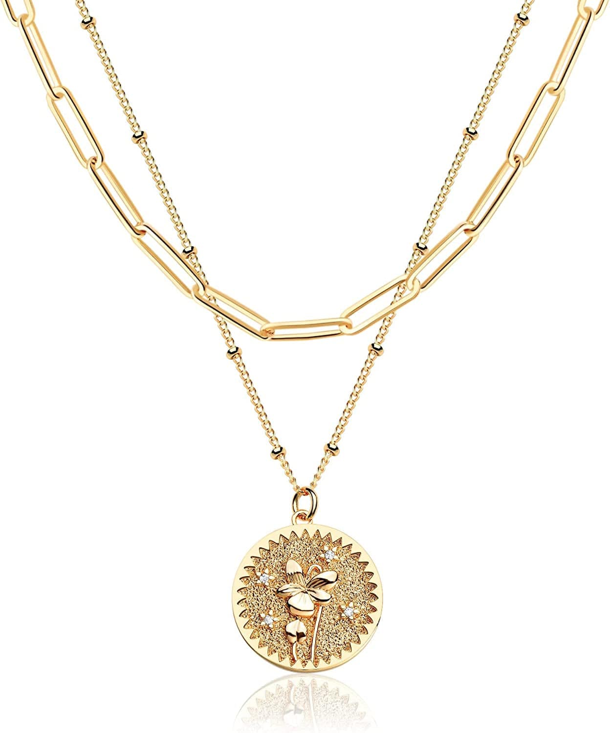 DREMMY STUDIOS Birth Month Flower Pendant Necklace 18K Gold Plated Dainty Simple Month Birth Floral Disc Pendant Engrave Coin Necklace Minimalist Delicate Custom for Mom Daughter Gift for Her Relief / February