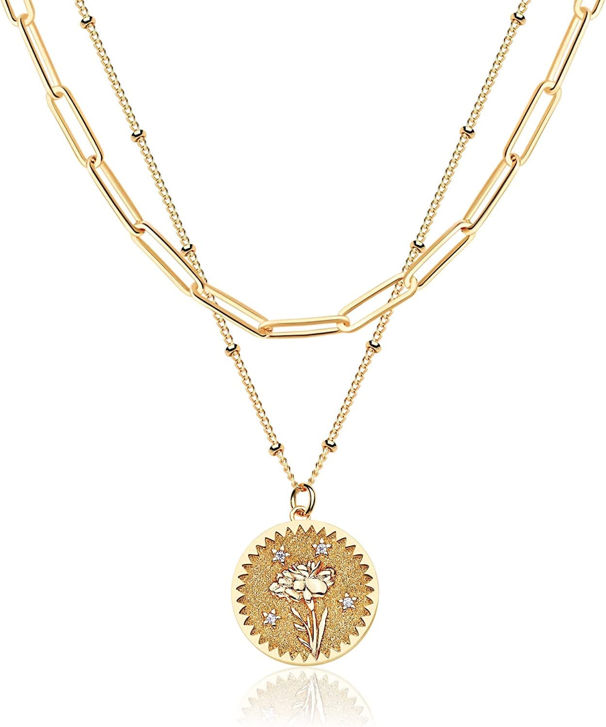 DREMMY STUDIOS Birth Month Flower Pendant Necklace 18K Gold Plated Dainty Simple Month Birth Floral Disc Pendant Engrave Coin Necklace Minimalist Delicate Custom for Mom Daughter Gift for Her Relief / October