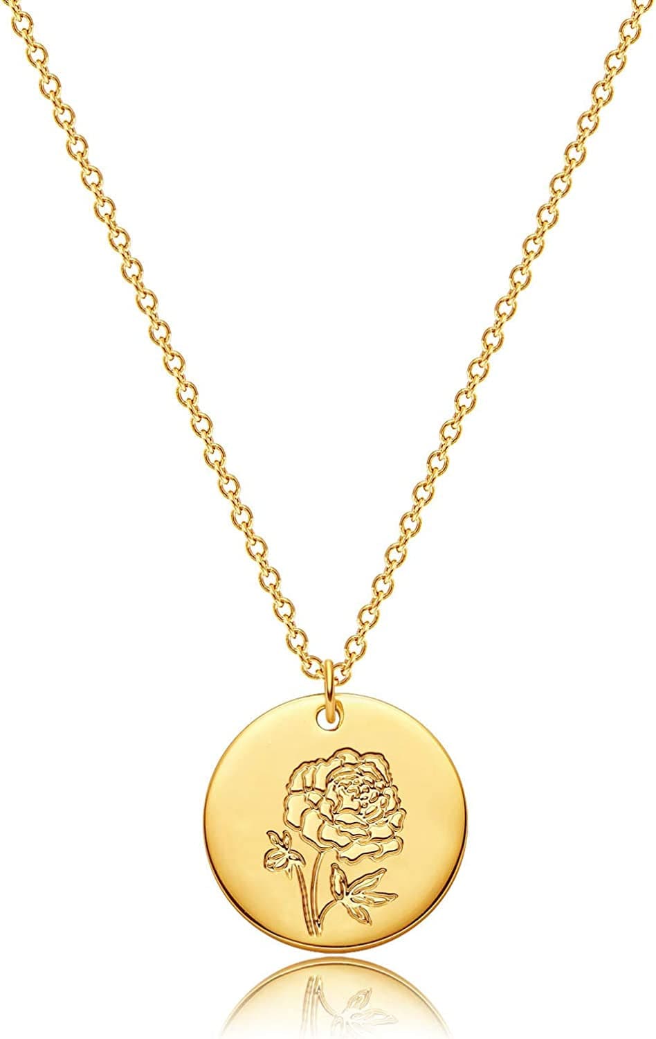 DREMMY STUDIOS Birth Month Flower Pendant Necklace 18K Gold Plated Dainty Simple Month Birth Floral Disc Pendant Engrave Coin Necklace Minimalist Delicate Custom for Mom Daughter Gift for Her Version B / September