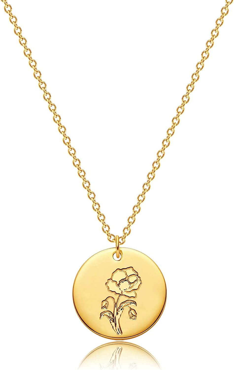 DREMMY STUDIOS Birth Month Flower Pendant Necklace 18K Gold Plated Dainty Simple Month Birth Floral Disc Pendant Engrave Coin Necklace Minimalist Delicate Custom for Mom Daughter Gift for Her Version B / August