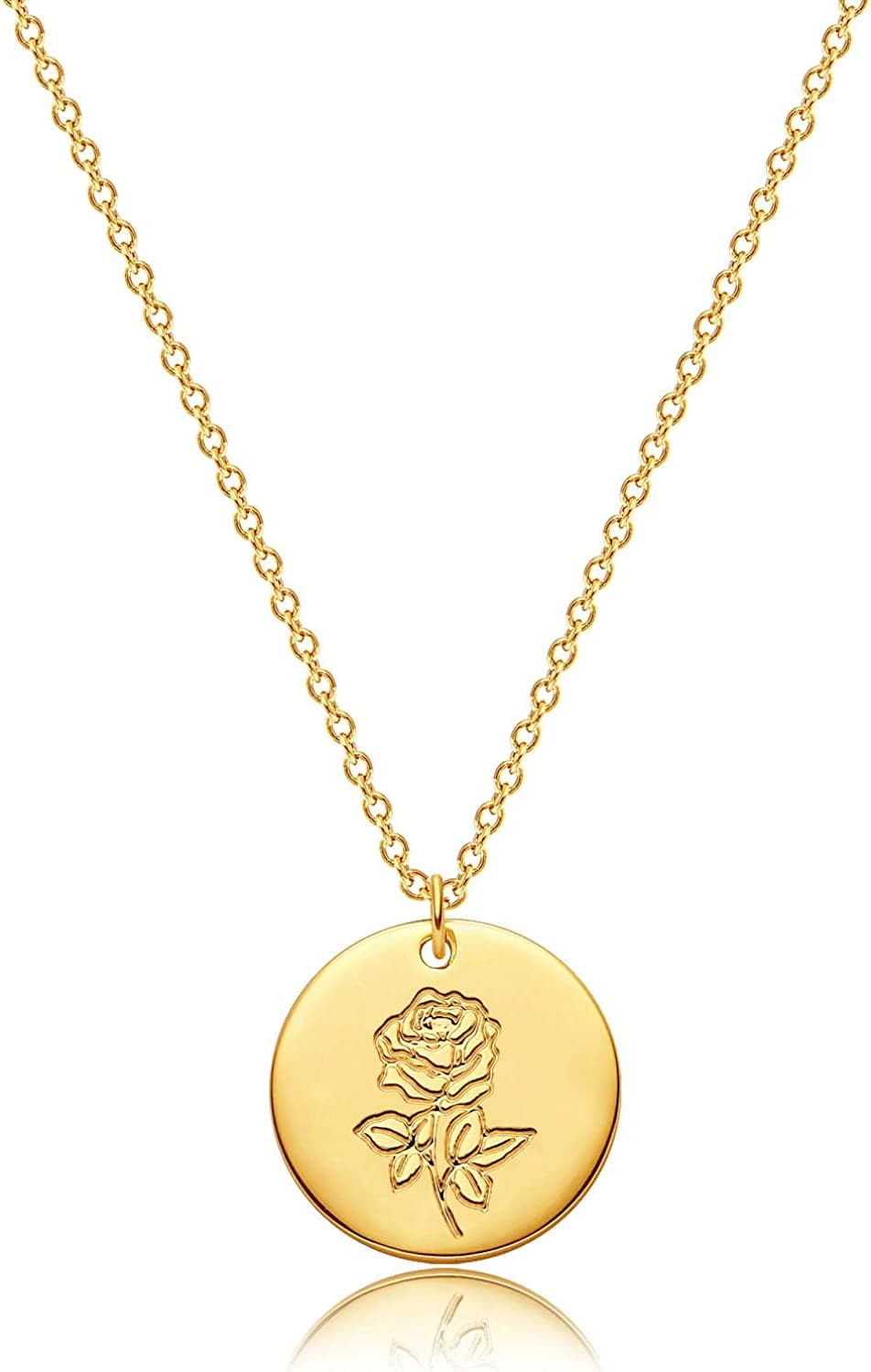 DREMMY STUDIOS Birth Month Flower Pendant Necklace 18K Gold Plated Dainty Simple Month Birth Floral Disc Pendant Engrave Coin Necklace Minimalist Delicate Custom for Mom Daughter Gift for Her Version B / June
