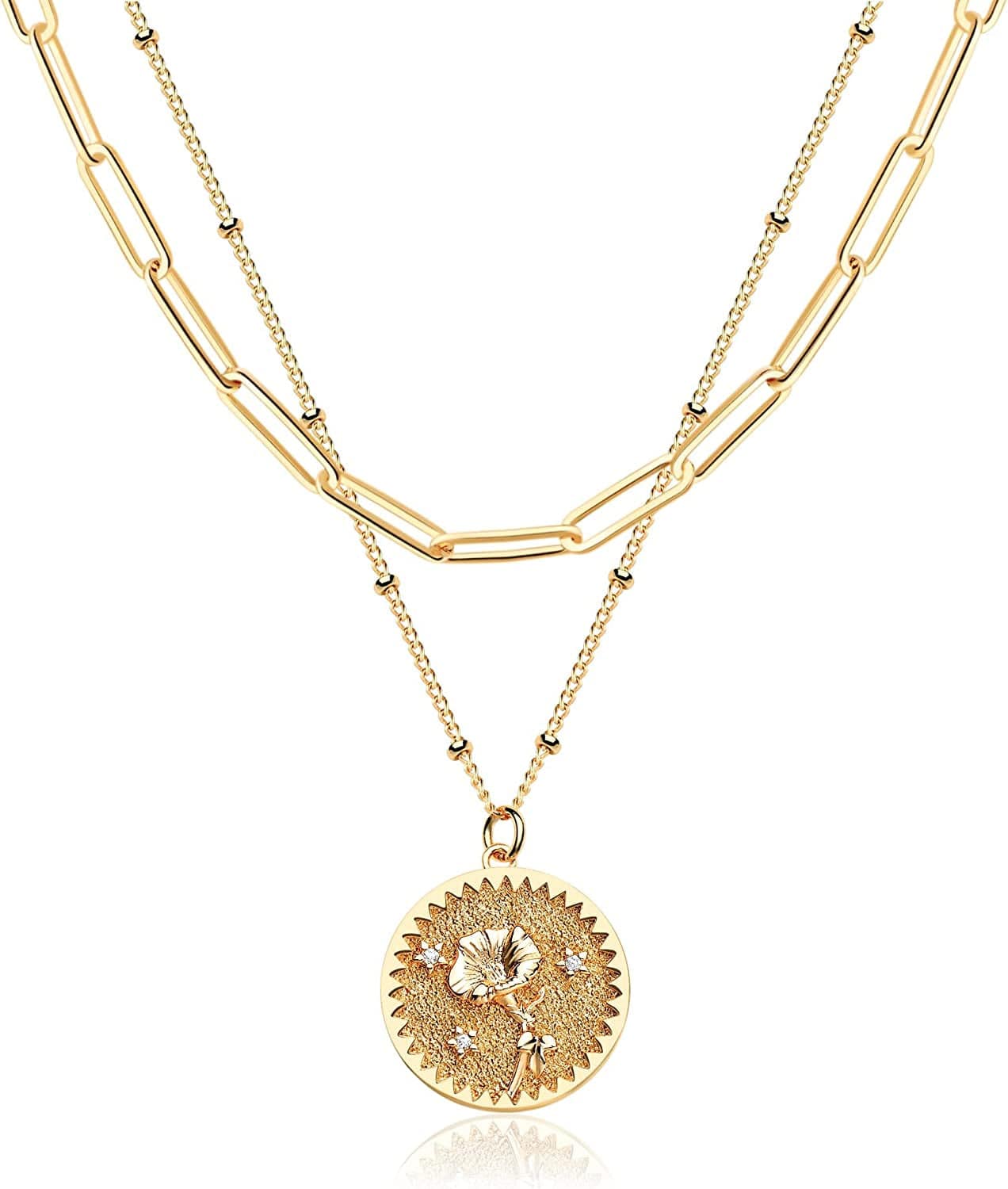 DREMMY STUDIOS Birth Month Flower Pendant Necklace 18K Gold Plated Dainty Simple Month Birth Floral Disc Pendant Engrave Coin Necklace Minimalist Delicate Custom for Mom Daughter Gift for Her Relief / September