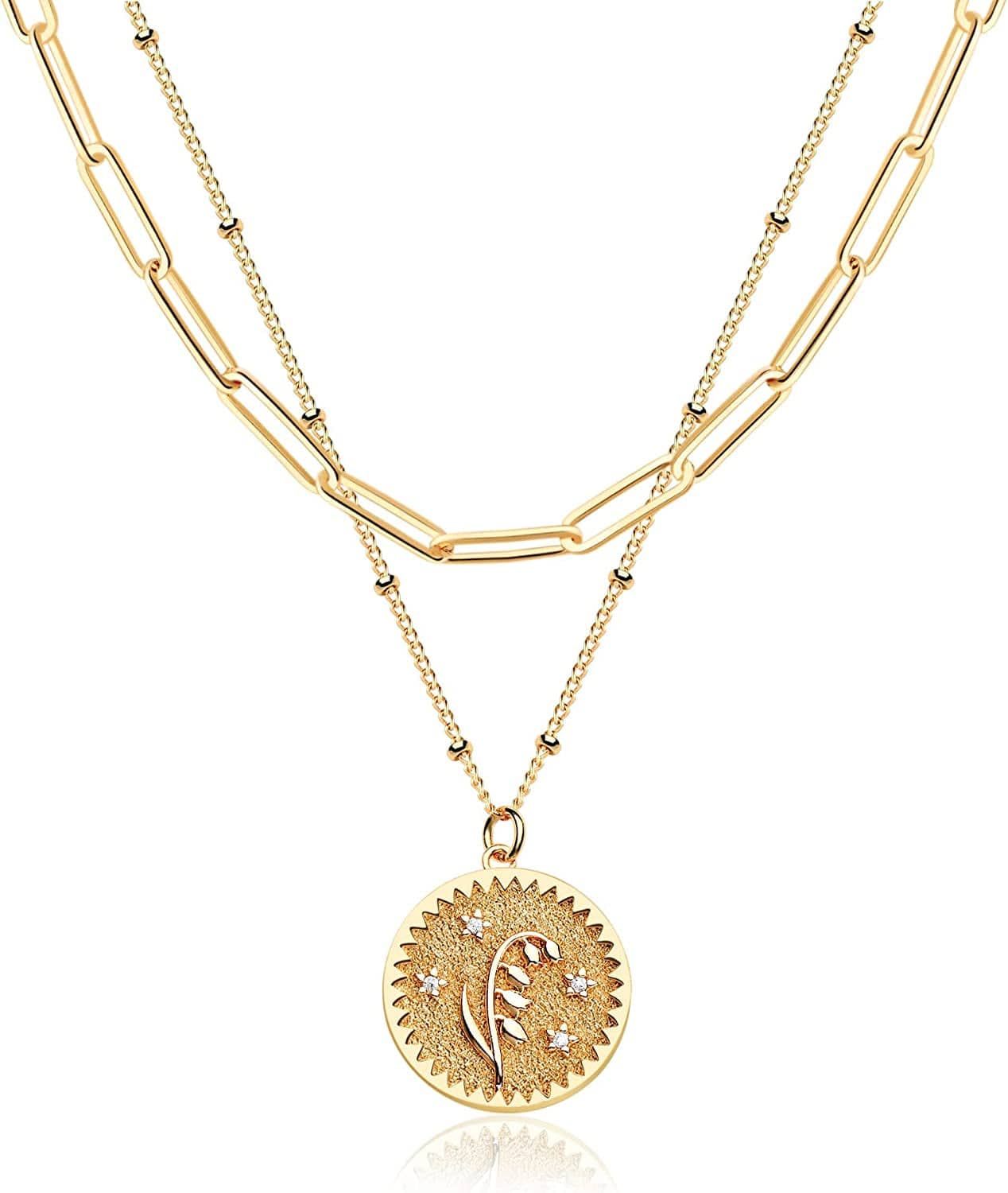 DREMMY STUDIOS Birth Month Flower Pendant Necklace 18K Gold Plated Dainty Simple Month Birth Floral Disc Pendant Engrave Coin Necklace Minimalist Delicate Custom for Mom Daughter Gift for Her Relief / May