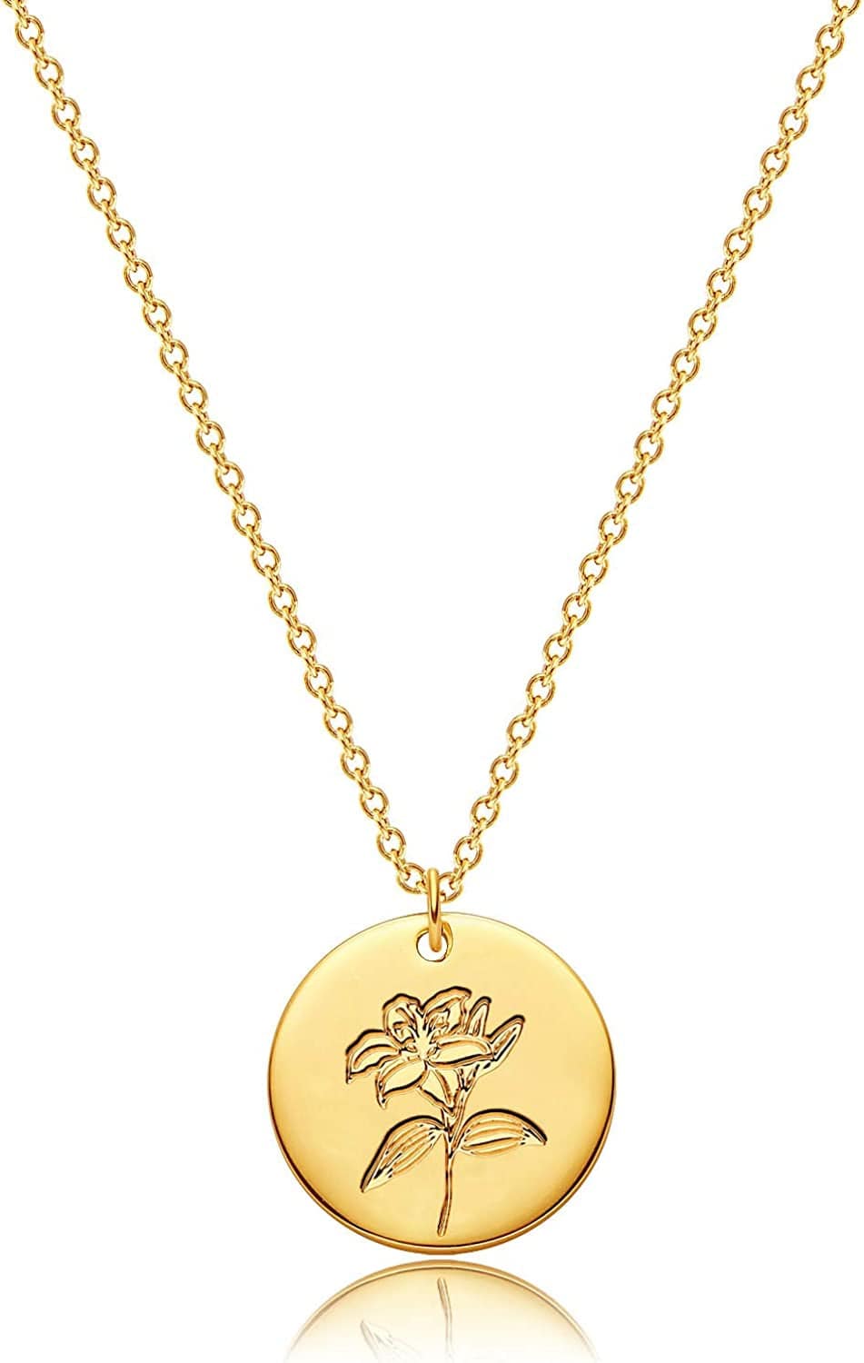 DREMMY STUDIOS Birth Month Flower Pendant Necklace 18K Gold Plated Dainty Simple Month Birth Floral Disc Pendant Engrave Coin Necklace Minimalist Delicate Custom for Mom Daughter Gift for Her Version B / May