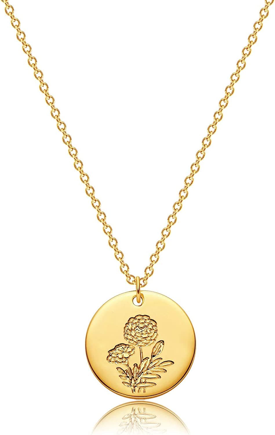 DREMMY STUDIOS Birth Month Flower Pendant Necklace 18K Gold Plated Dainty Simple Month Birth Floral Disc Pendant Engrave Coin Necklace Minimalist Delicate Custom for Mom Daughter Gift for Her Version B / October