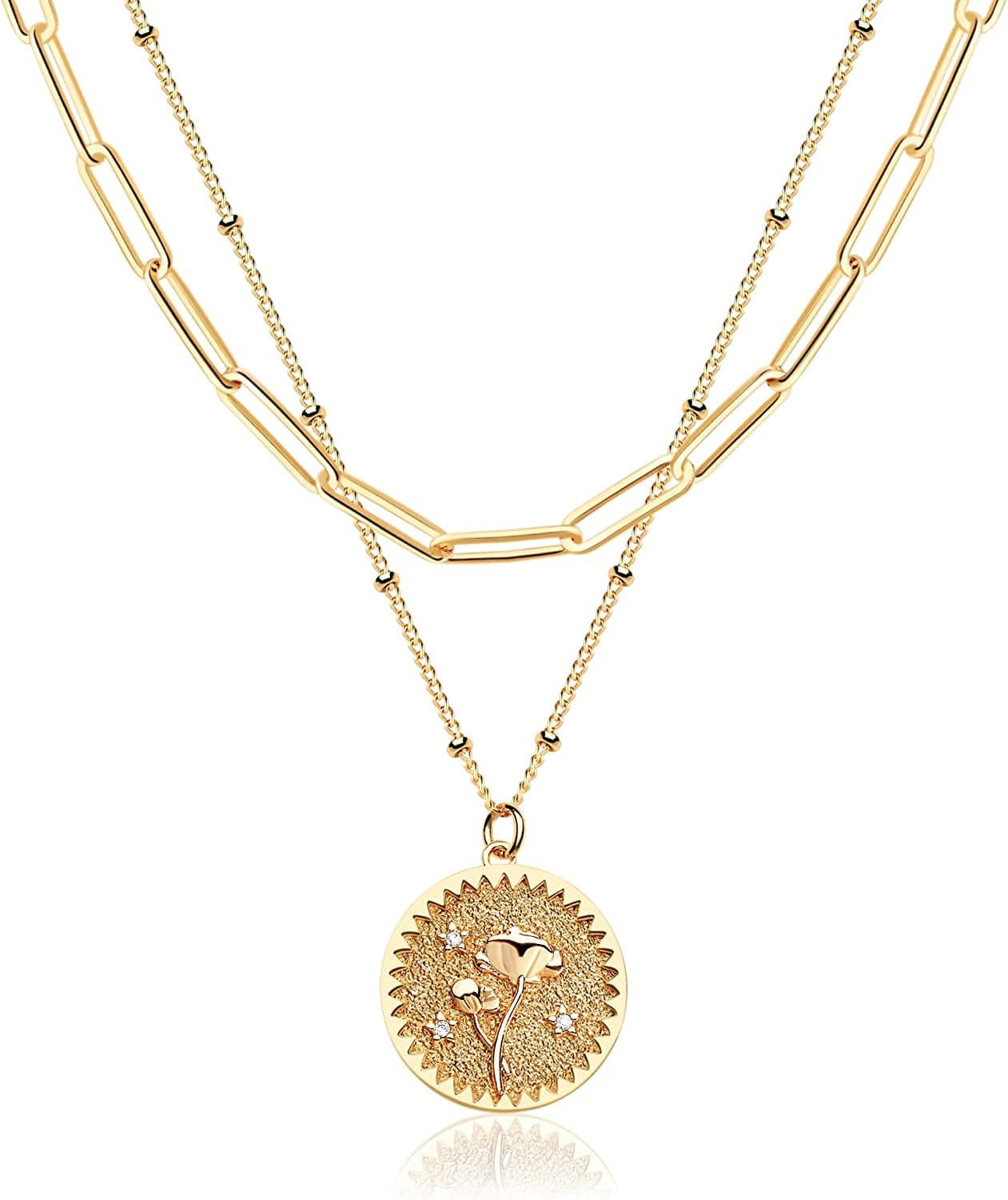 DREMMY STUDIOS Birth Month Flower Pendant Necklace 18K Gold Plated Dainty Simple Month Birth Floral Disc Pendant Engrave Coin Necklace Minimalist Delicate Custom for Mom Daughter Gift for Her Relief / August