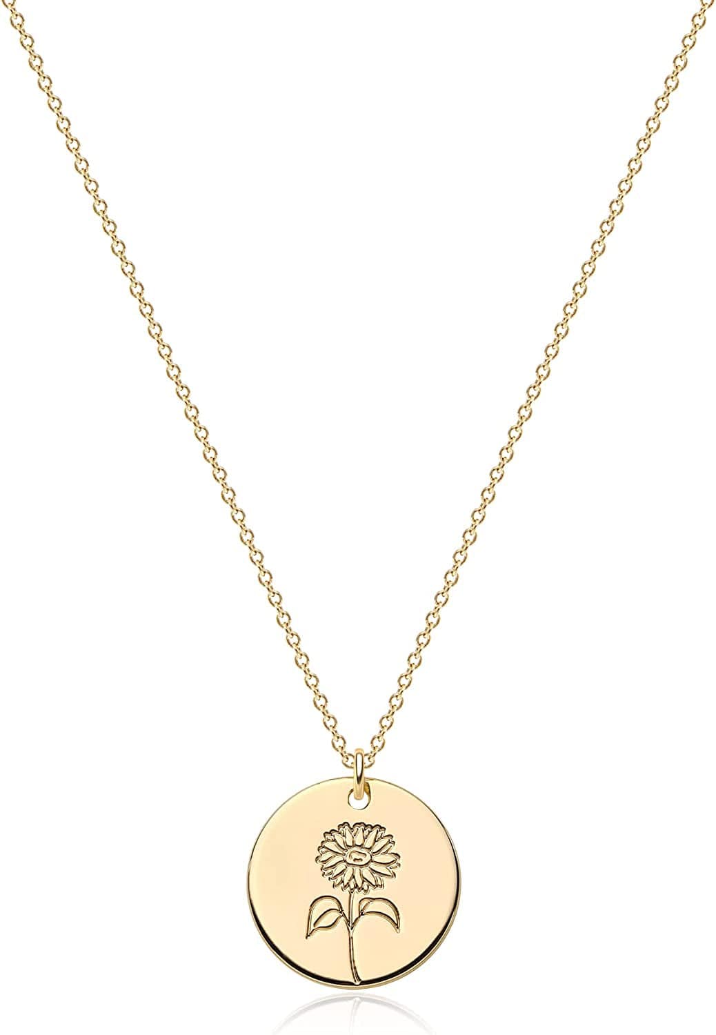 DREMMY STUDIOS Birth Month Flower Pendant Necklace 18K Gold Plated Dainty Simple Month Birth Floral Disc Pendant Engrave Coin Necklace Minimalist Delicate Custom for Mom Daughter Gift for Her Version B / Sunflower