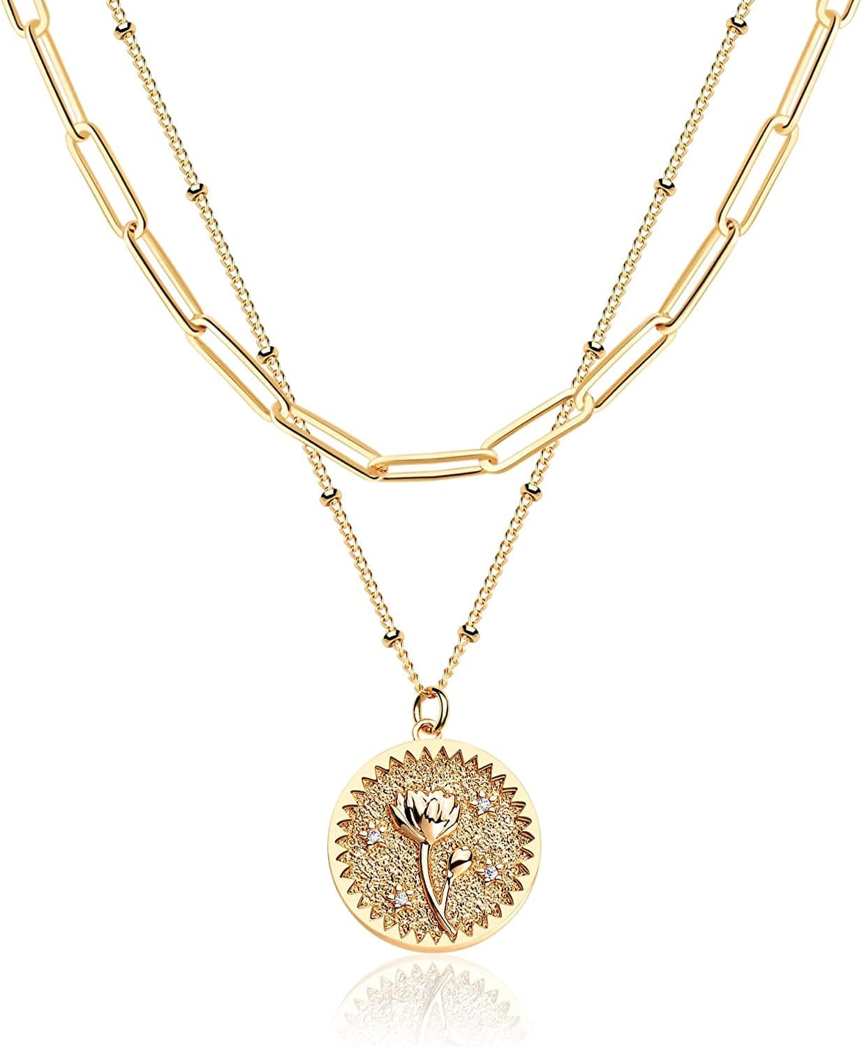 DREMMY STUDIOS Birth Month Flower Pendant Necklace 18K Gold Plated Dainty Simple Month Birth Floral Disc Pendant Engrave Coin Necklace Minimalist Delicate Custom for Mom Daughter Gift for Her Relief / July