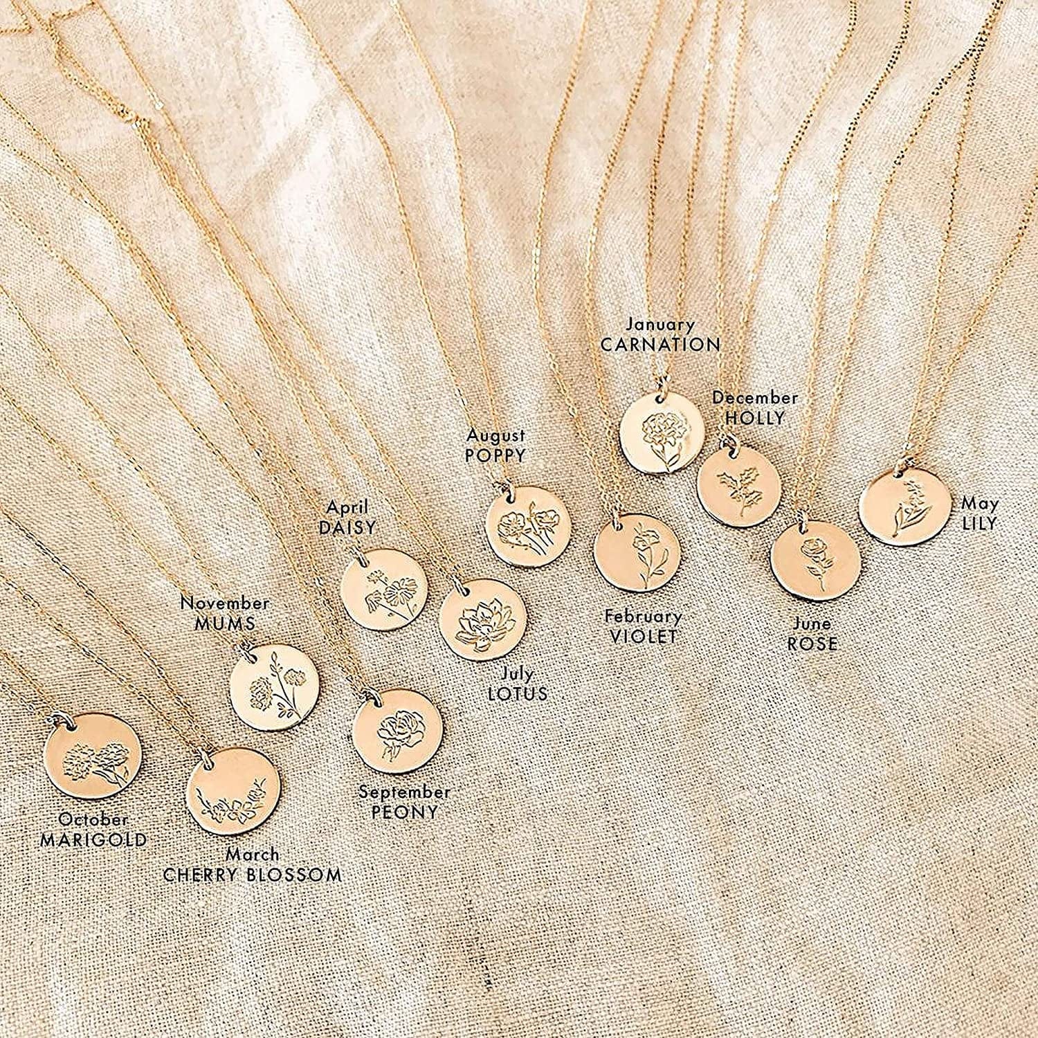 DREMMY STUDIOS Birth Month Flower Pendant Necklace 18K Gold Plated Dainty Simple Month Birth Floral Disc Pendant Engrave Coin Necklace Minimalist Delicate Custom for Mom Daughter Gift for Her
