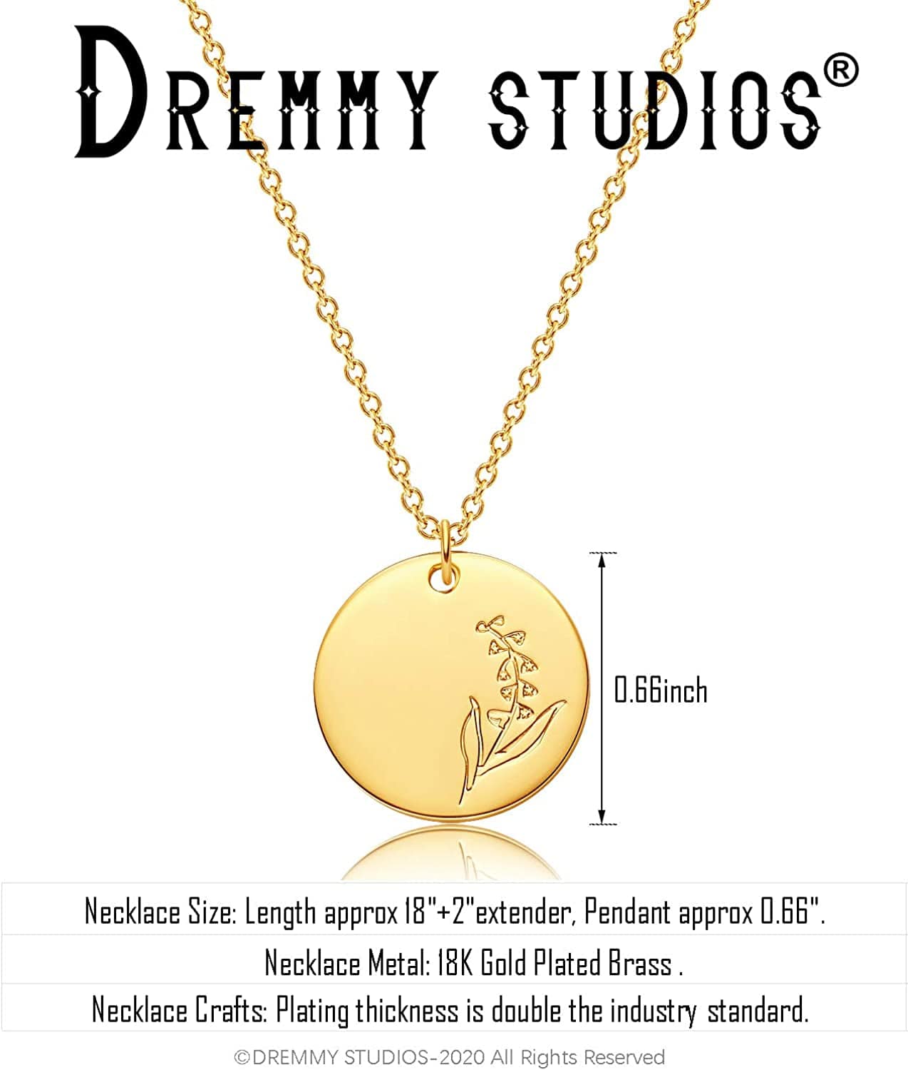 DREMMY STUDIOS Birth Month Flower Pendant Necklace 18K Gold Plated Dainty Simple Month Birth Floral Disc Pendant Engrave Coin Necklace Minimalist Delicate Custom for Mom Daughter Gift for Her