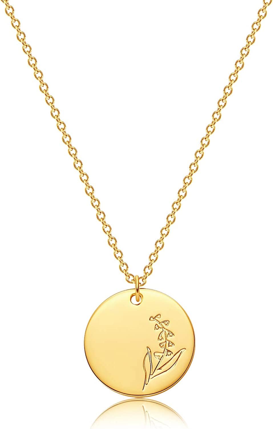 DREMMY STUDIOS Birth Month Flower Pendant Necklace 18K Gold Plated Dainty Simple Month Birth Floral Disc Pendant Engrave Coin Necklace Minimalist Delicate Custom for Mom Daughter Gift for Her Version A / May