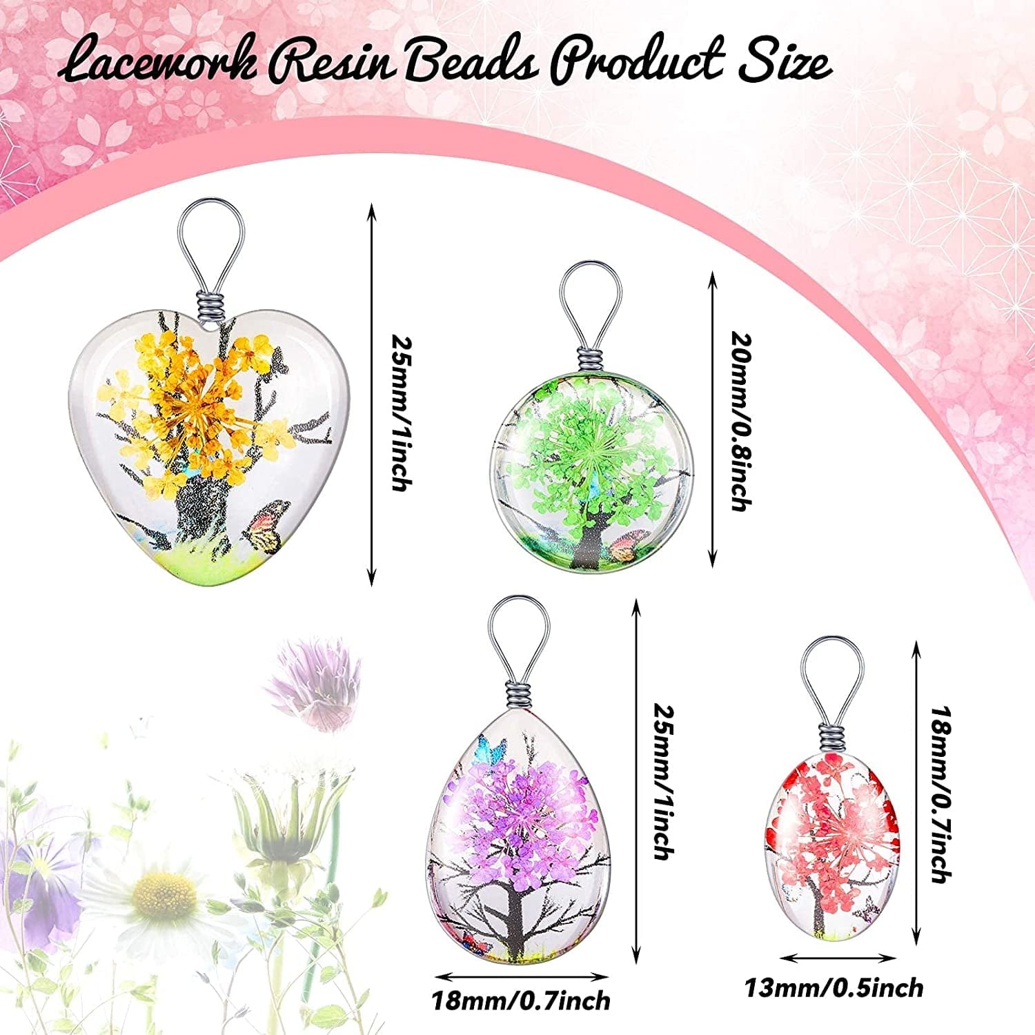Dried Flower Pendant Dried Flower Tree Charms Resin Dried Pressed Flower Pendant Lacework Transparent Glass Ball Beads round Floating Pendant Mixed Colors for Making Jewelry DIY Craft (40)
