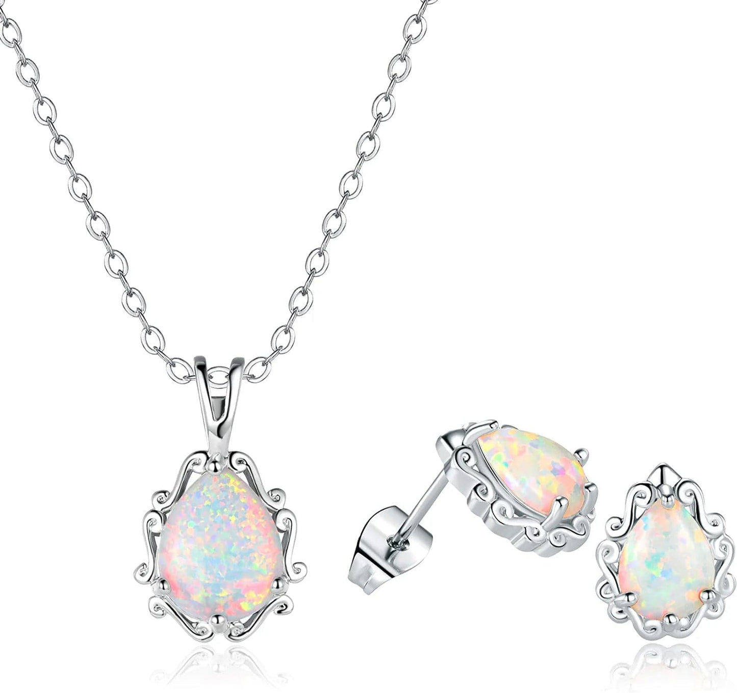 Dwearbeauty White Gold Plated Opal Halo Pendant Necklace and Stud Earrings Jewelry Set (Necklace and Earring Set)