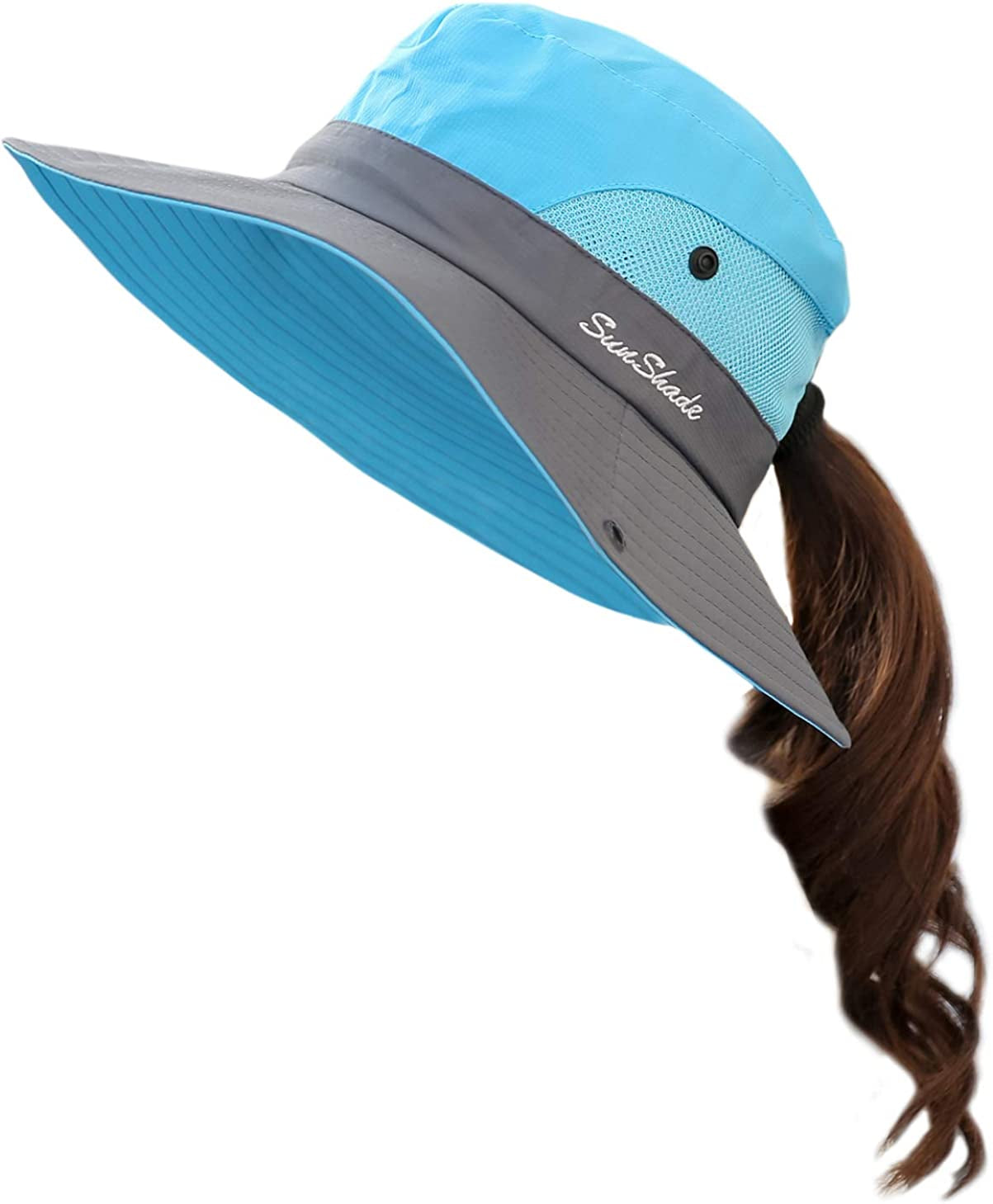 Muryobao Women'S Ponytail Sun Hat UV Protection Foldable Mesh Wide Brim Beach Fishing Hat Apparel & Accessories > Clothing Accessories > Hats Muryobao Sky Blue
