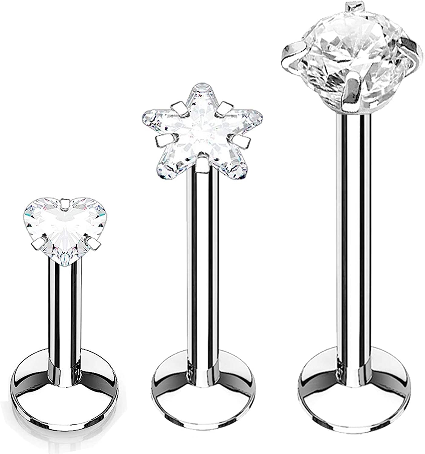 Bodyj4You 3PC Labret Tragus Stud Earrings | 16G Surgical Stainless Steel CZ Crystal | Monroe Helix Cartialge Conch Medusa Lip | Body Piercing Jewelry Set Apparel & Accessories > Jewelry > Body Jewelry BodyJ4You Star, Heart, Round CZ