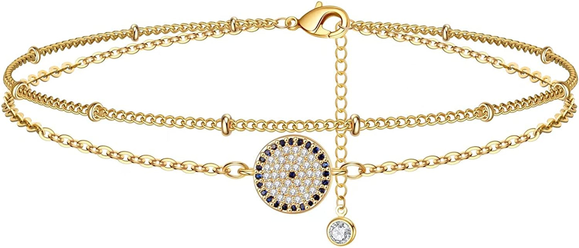 Dainty Ankle Bracelets for Women Girls, 14K Gold Filled Handmade Anklet Tiny Lock Key Star Lightning Crescent Elephant Evil Eye Ankle Bracelets for Women Girls Summer Boho Beach Foot Jewelry Apparel & Accessories > Jewelry > Anklets Yoosteel Round Evil Eye