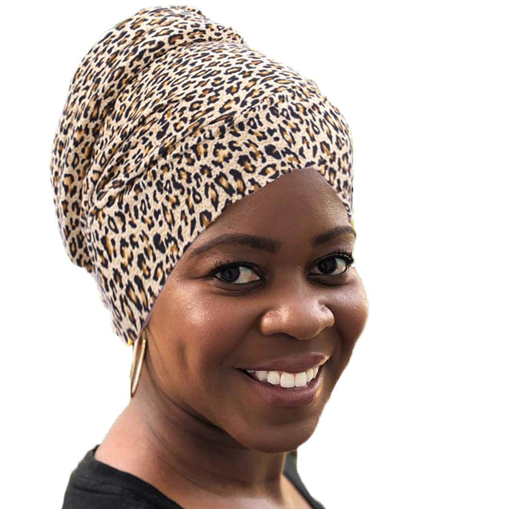 Woeoe African Turban Head Wrap Leopard Print Soft Head Scarf Stretch Head Cover Beanie Cap Headwear for Women and Girls Apparel & Accessories > Clothing Accessories > Headwear Woeoe