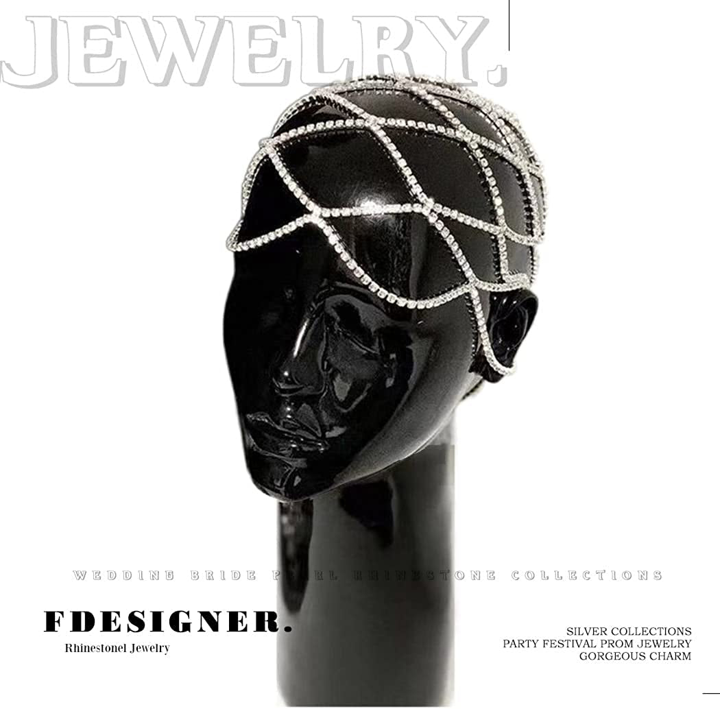 Fdesigner Crytsal Head Chain Silver Cap Headpieces Party Rhinestone Flapper Hairpieces Jewelry Gatsby Belly Dance Cleopatra Hair Accessories for Women Apparel & Accessories > Jewelry > Body Jewelry Fdesigner