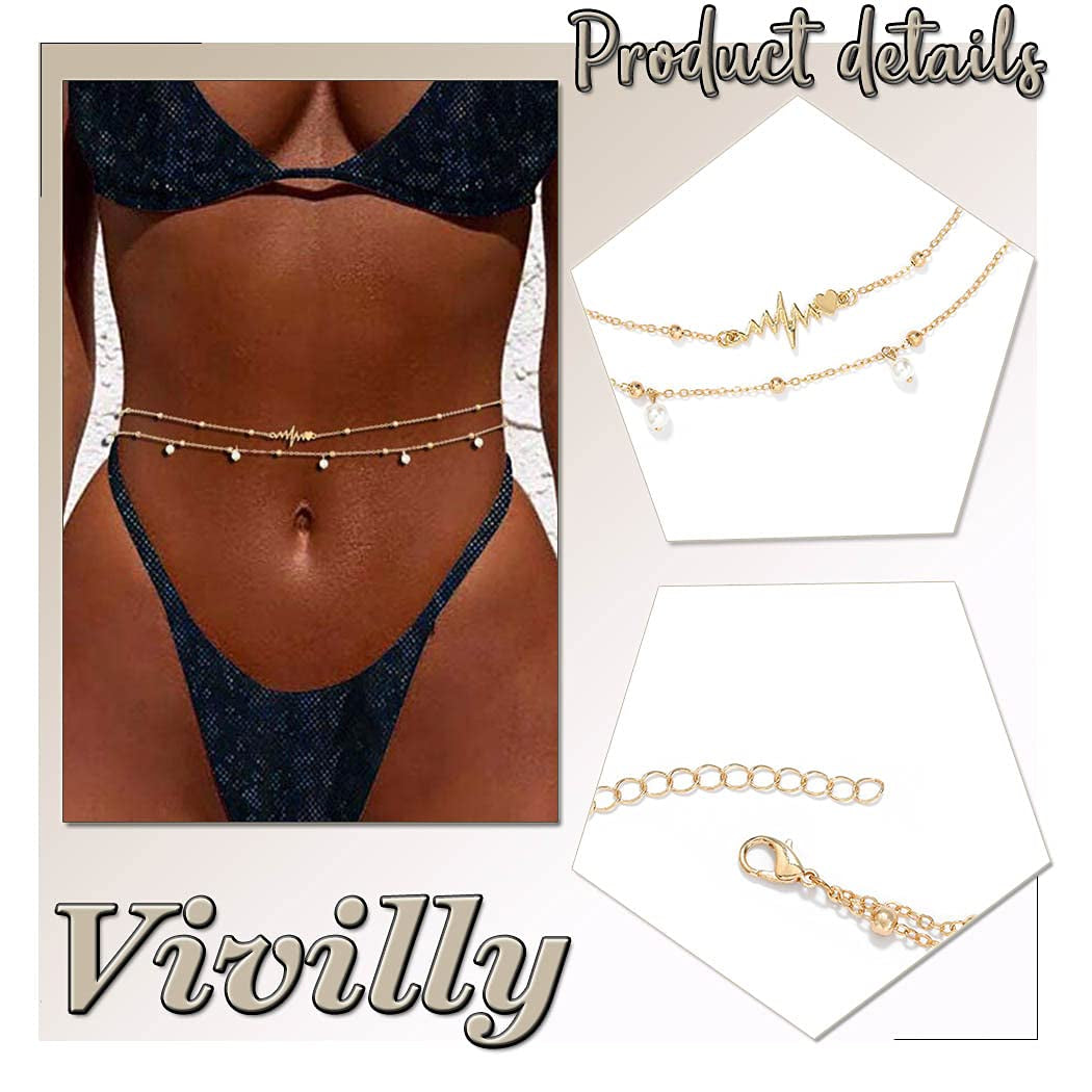 Vivilly Heart Belly Chain Gold Layered Waist Chain Beach Body Jewelry Accessories for Women and Girls (4. Bead and Pearl) Apparel & Accessories > Jewelry > Body Jewelry Vivilly