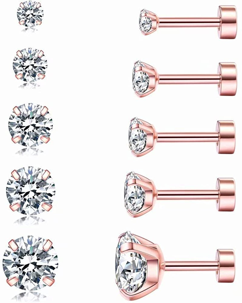 Cubic Zirconia Hypoallergenic Stud Earrings for Women Men Girls Statement Cartilage Fashion Surgical Steel Helix Earrings 5 Pairs Apparel & Accessories > Jewelry > Earrings Ayr B(Rose Gold)