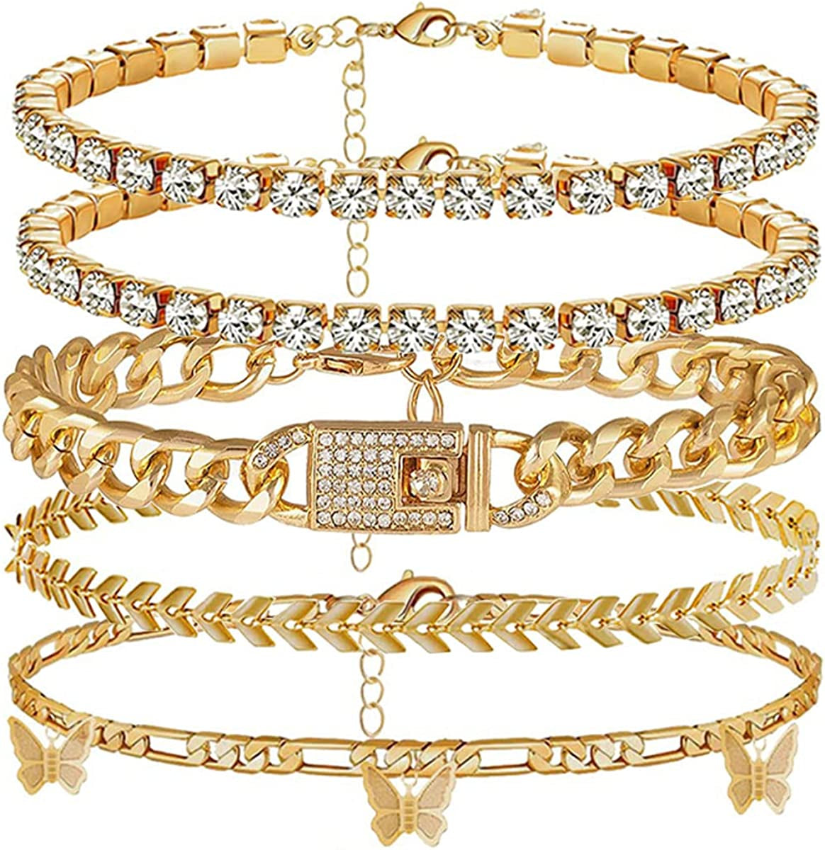Ronglry 5Pcs Gold Ankle Bracelets for Women Girls Cuban Link Ankle Bracelet Cuban Chain Anklet Butterfly Anklet Set Rhinestone Tennis Anklet Adjustable Layered Link Anklets Summer Beach Gifts Apparel & Accessories > Jewelry > Anklets Ronglry gold